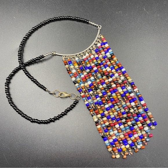 Black Beads With Multi-Colored Seed Beads Fringe Necklace Boho Festival - Picture 2 of 6